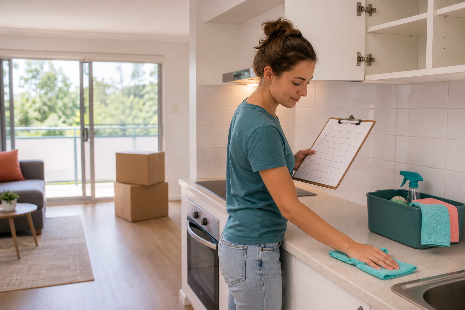 Renter cleaning a Queensland apartment kitchen while working through a blank checklist