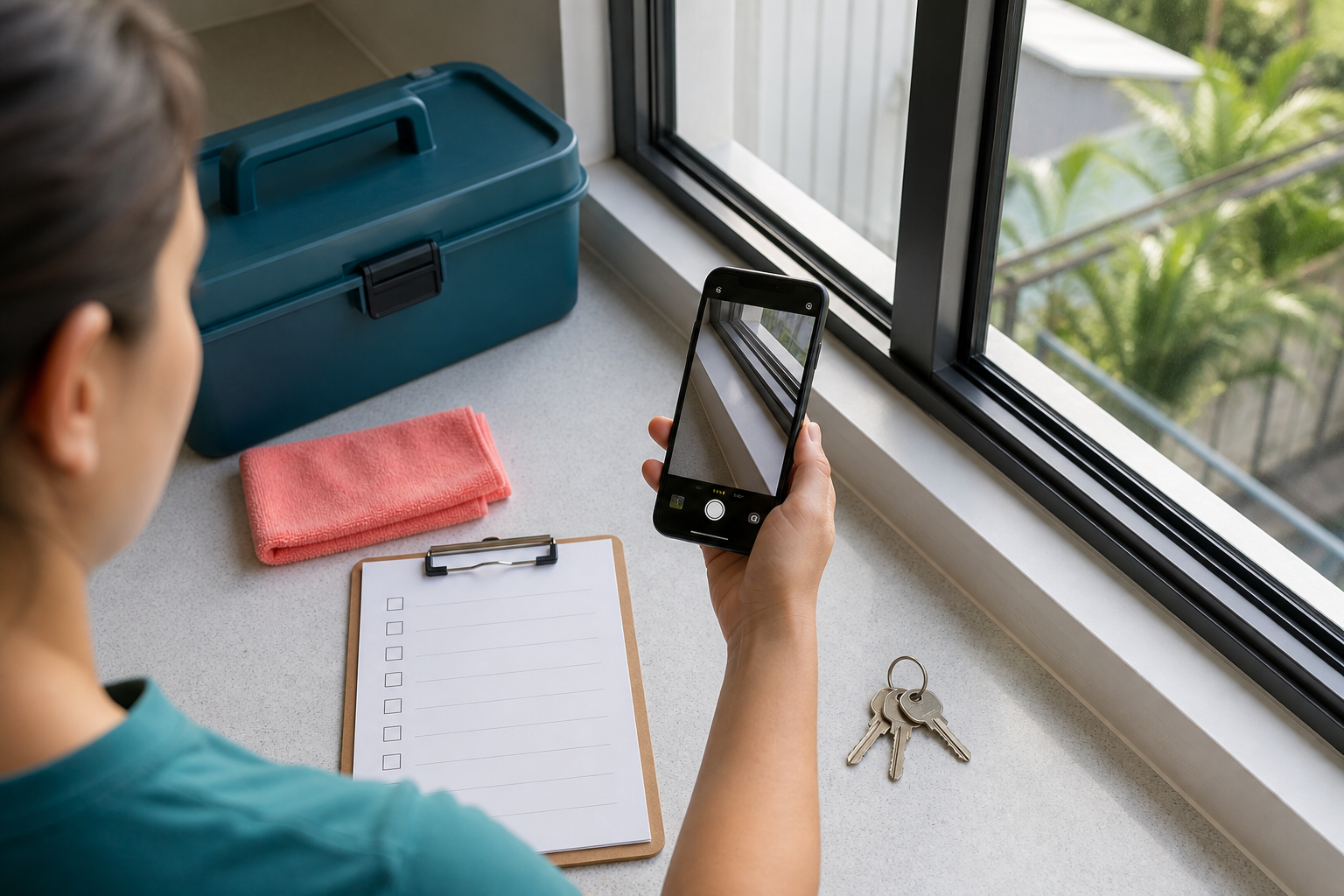 Renter photographing a clean window track beside a blank checklist and returned keys