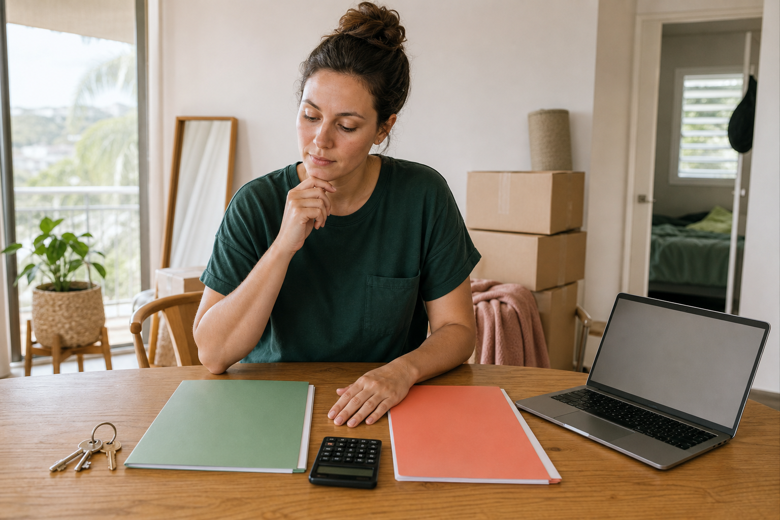 Queensland renter comparing two moving options using blank folders and a calculator