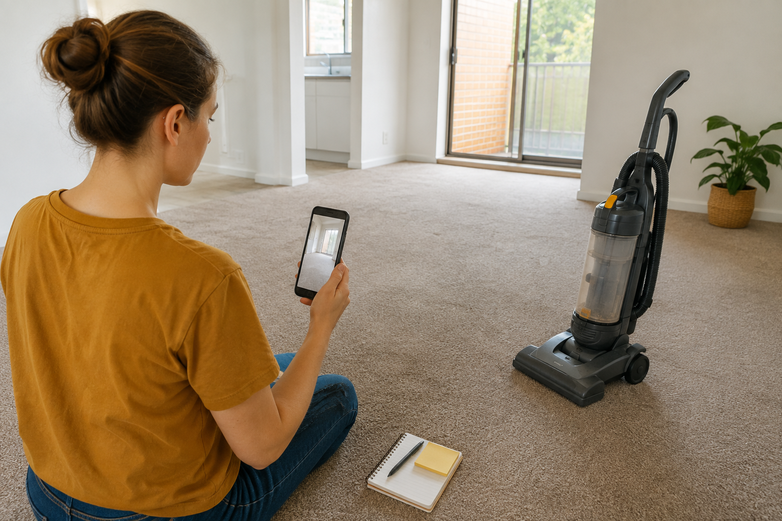 Queensland renter comparing the condition of an empty carpeted room with a move-in photograph