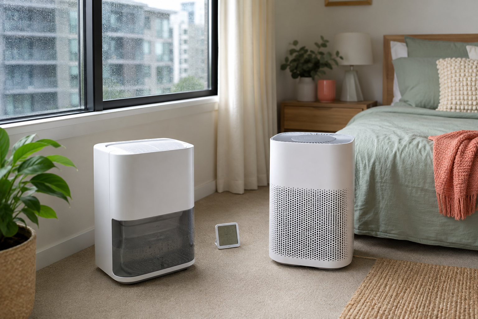 Generic dehumidifier and air purifier in a Queensland rental bedroom after rain