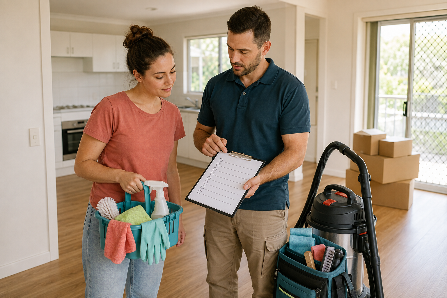 Queensland renter comparing a household cleaning kit with a professional cleaner's equipment