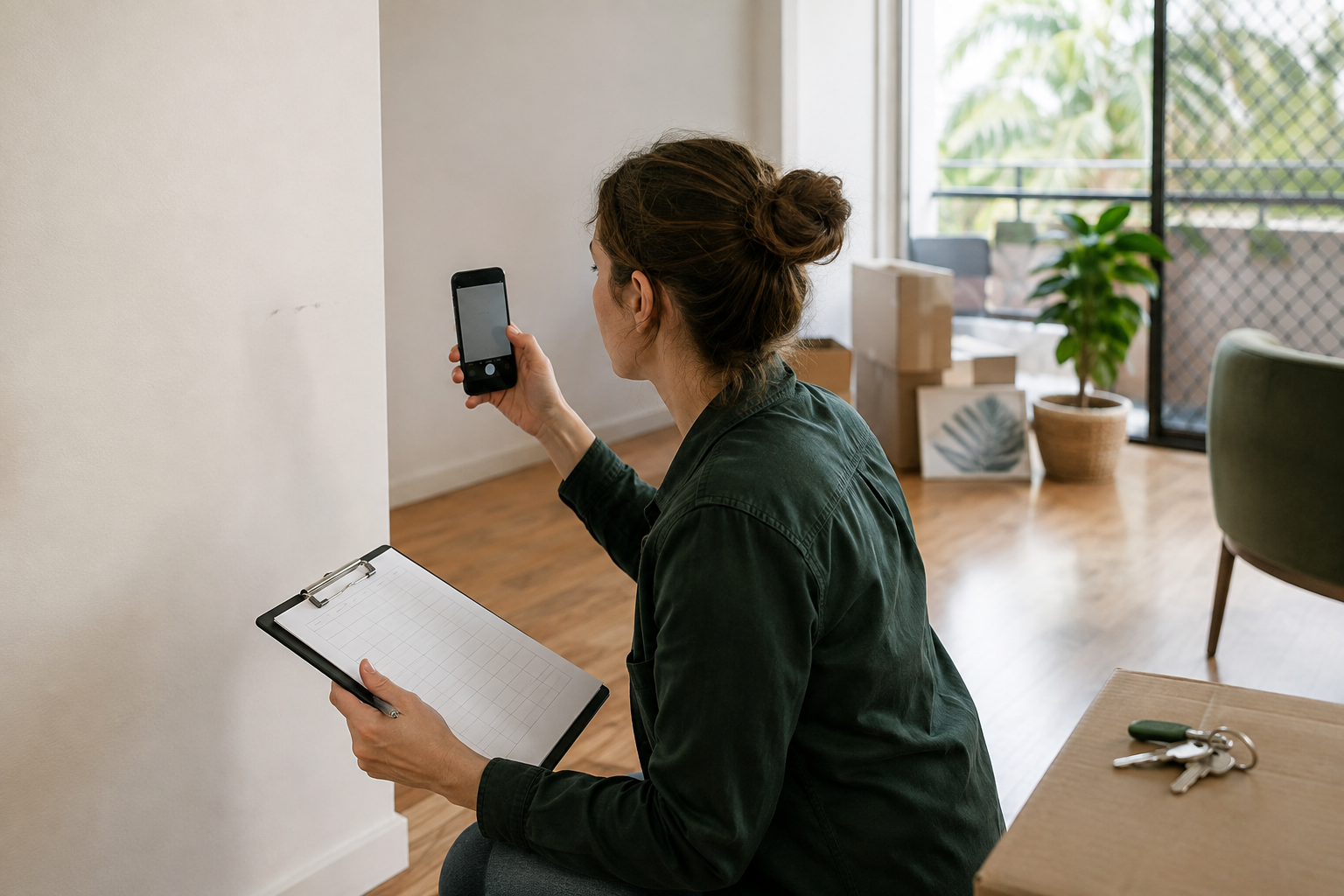 Queensland renter photographing a pre-existing wall mark while completing a room-by-room move-in record