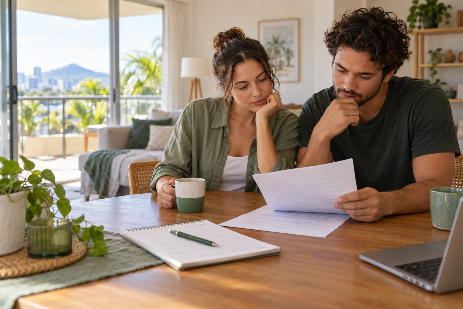 Queensland renters reviewing a proposed lease renewal at home