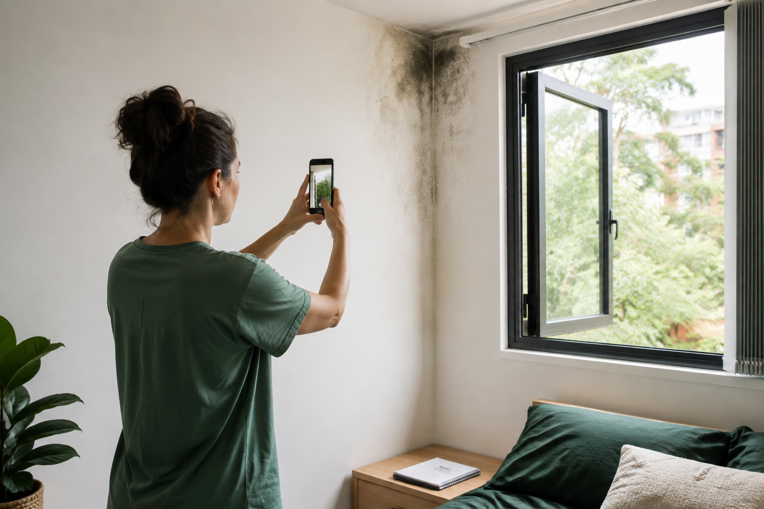 Queensland renter safely photographing mould and damp staining near an open bedroom window