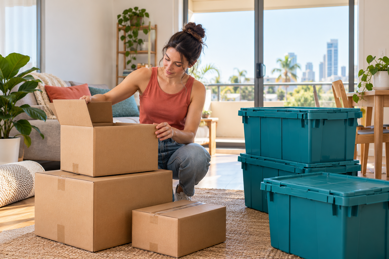 Brisbane renter comparing clean cardboard moving boxes with reusable plastic moving crates