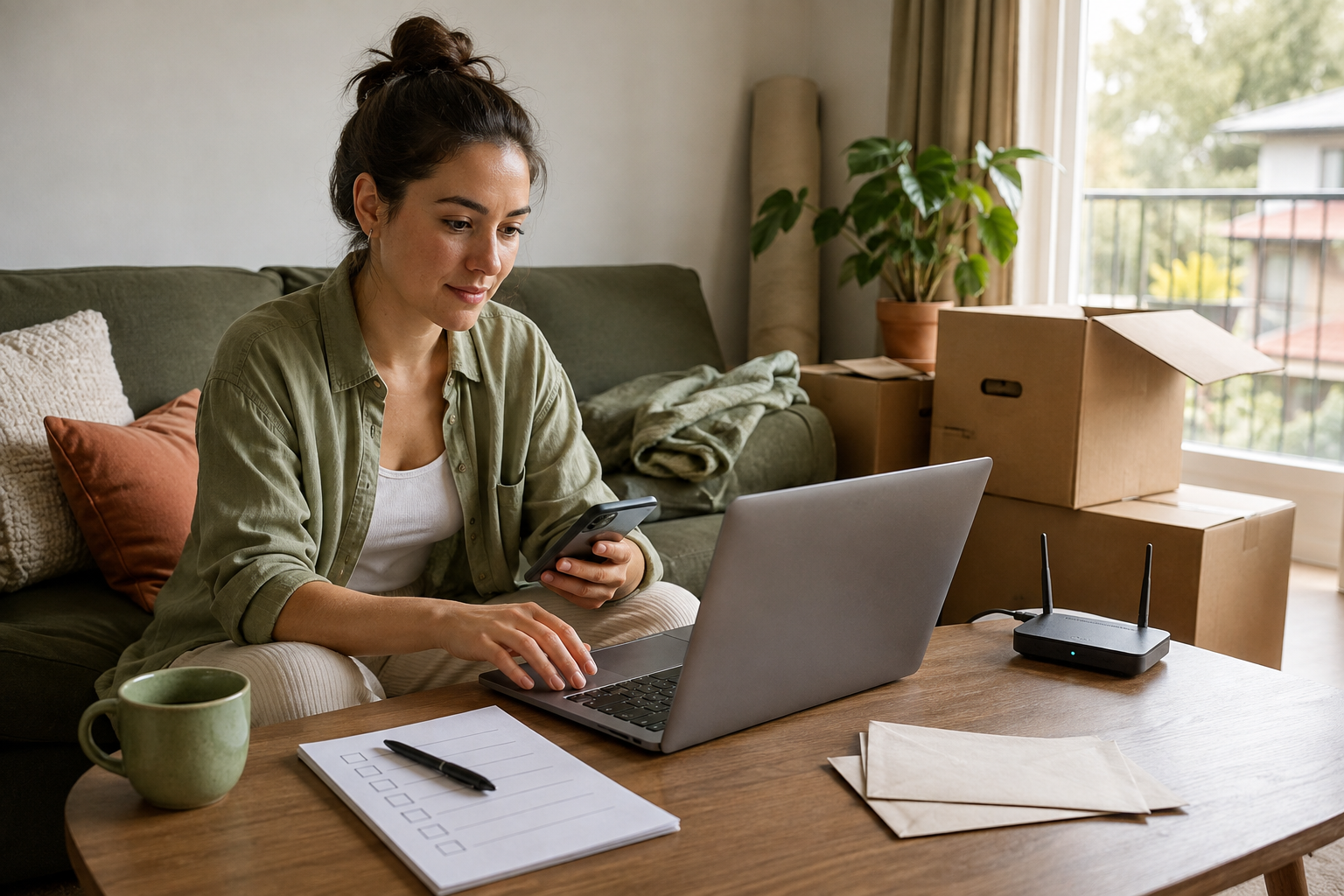Queensland renter organising electricity, internet and mail beside moving boxes