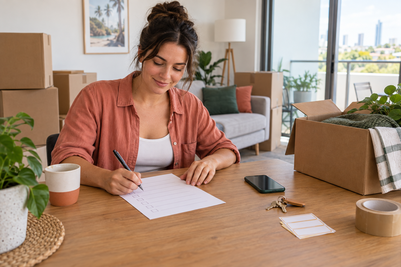 Queensland renter completing a moving house checklist beside packed boxes and keys