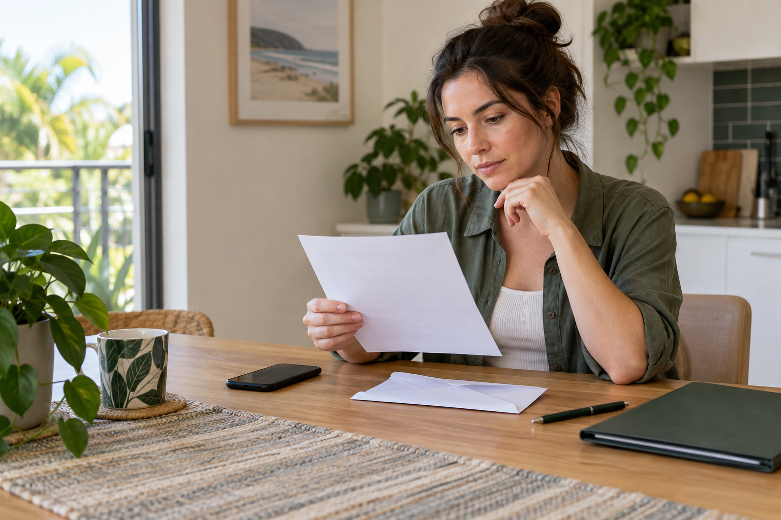 Queensland renter calmly reviewing a generic notice at a kitchen table