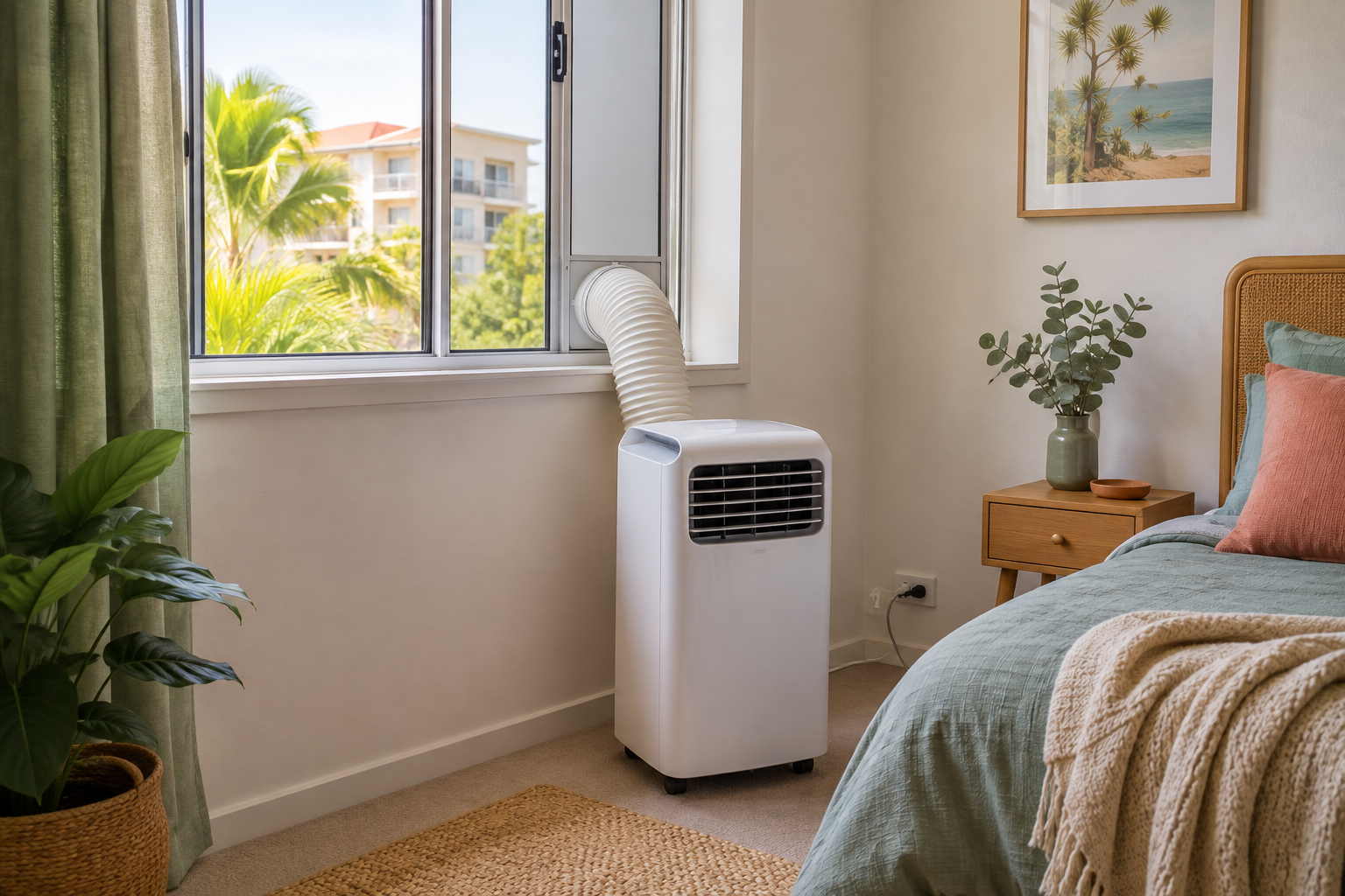 Portable air conditioner with a short exhaust hose fitted to a sliding window in a Brisbane bedroom