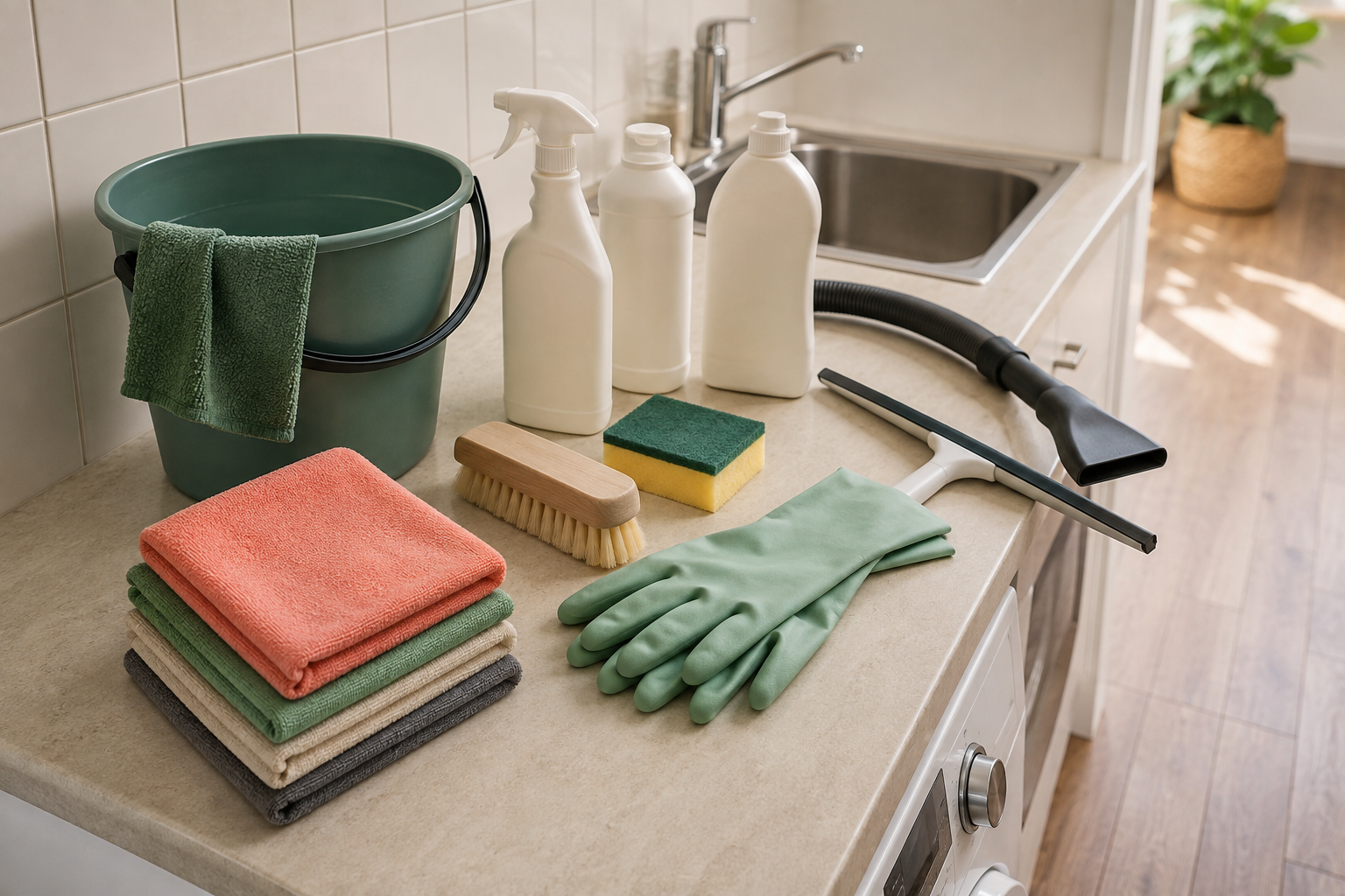 Unbranded bond cleaning tools arranged on a rental laundry bench
