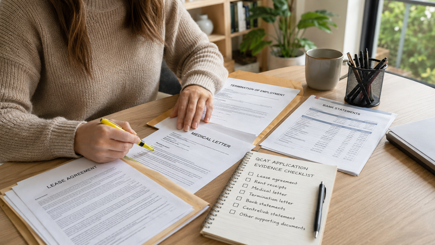 Tenant organising lease, employment, medical and bank documents for a QCAT hardship application