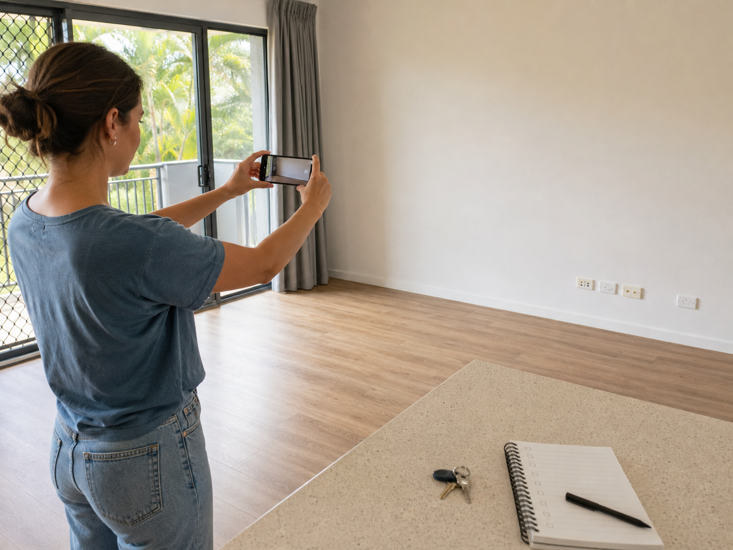 Tenant photographing an empty Queensland rental living room before returning the keys
