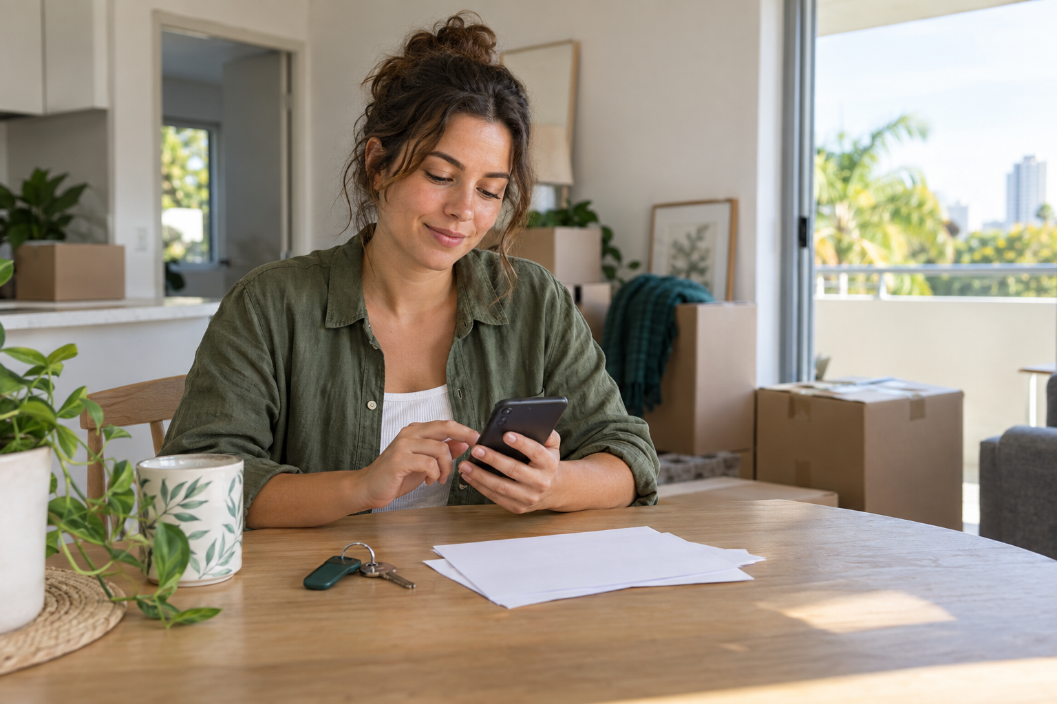 Queensland renter using a phone beside blank handover papers and keys in a recently vacated apartment