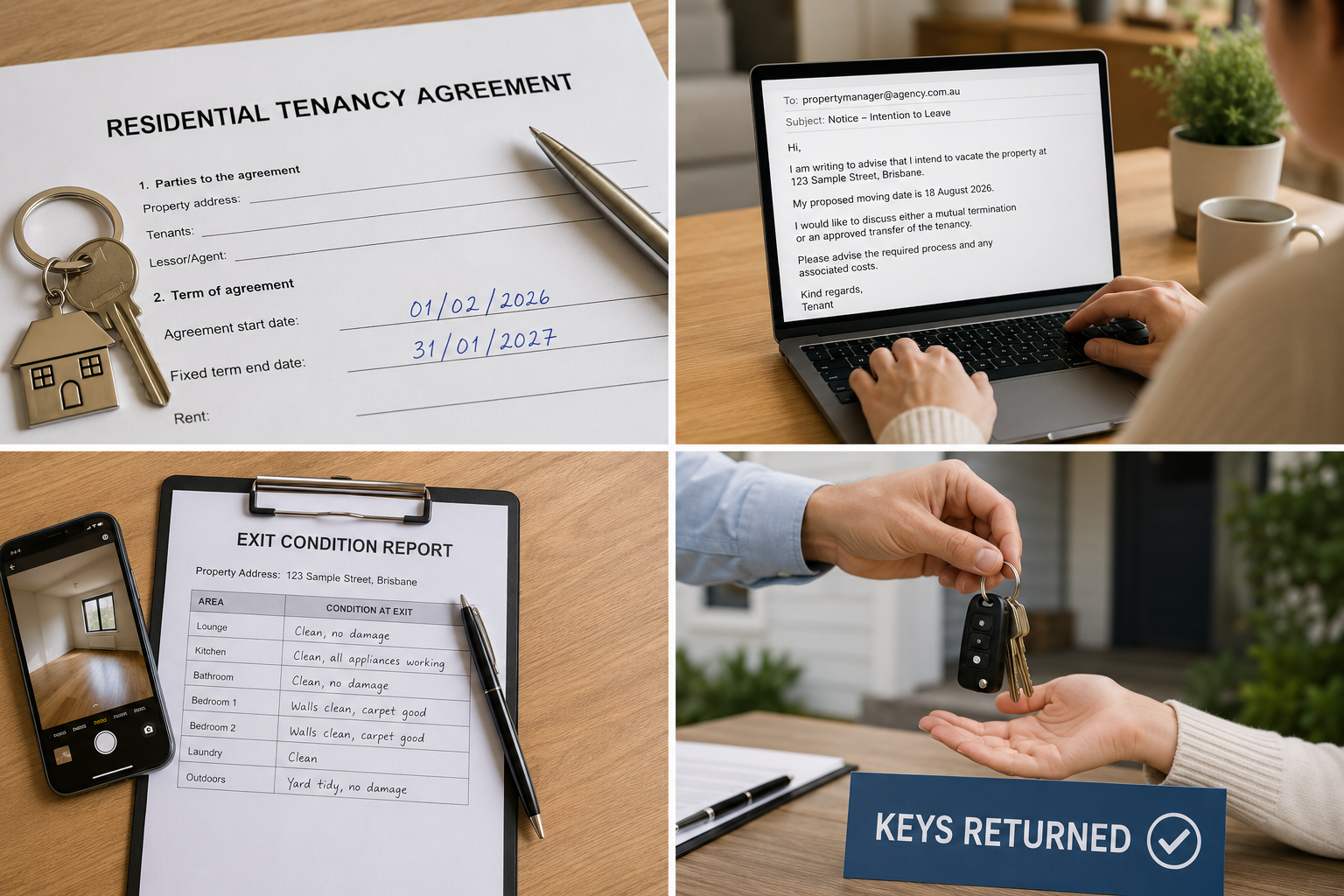 Queensland break lease steps showing the agreement, written notice, exit condition report and key return