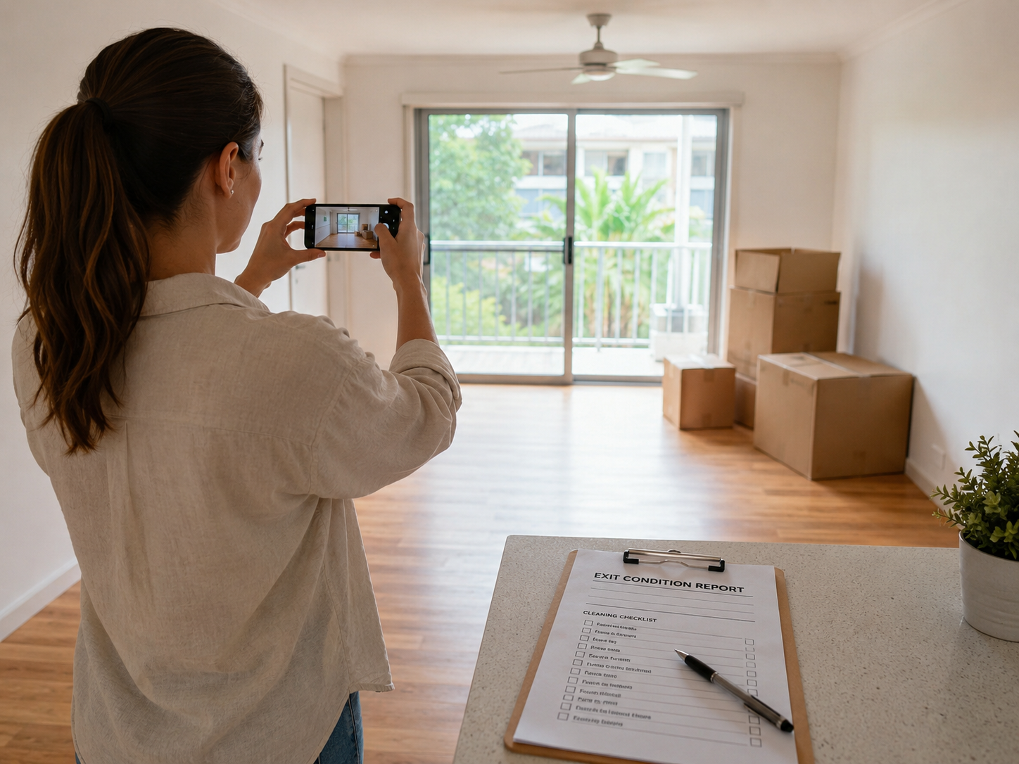 Tenant photographing the empty rental property beside an exit condition report