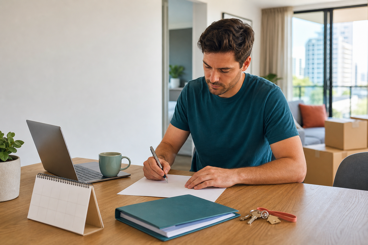 Queensland renter preparing a generic move-out notice with a calendar and keys