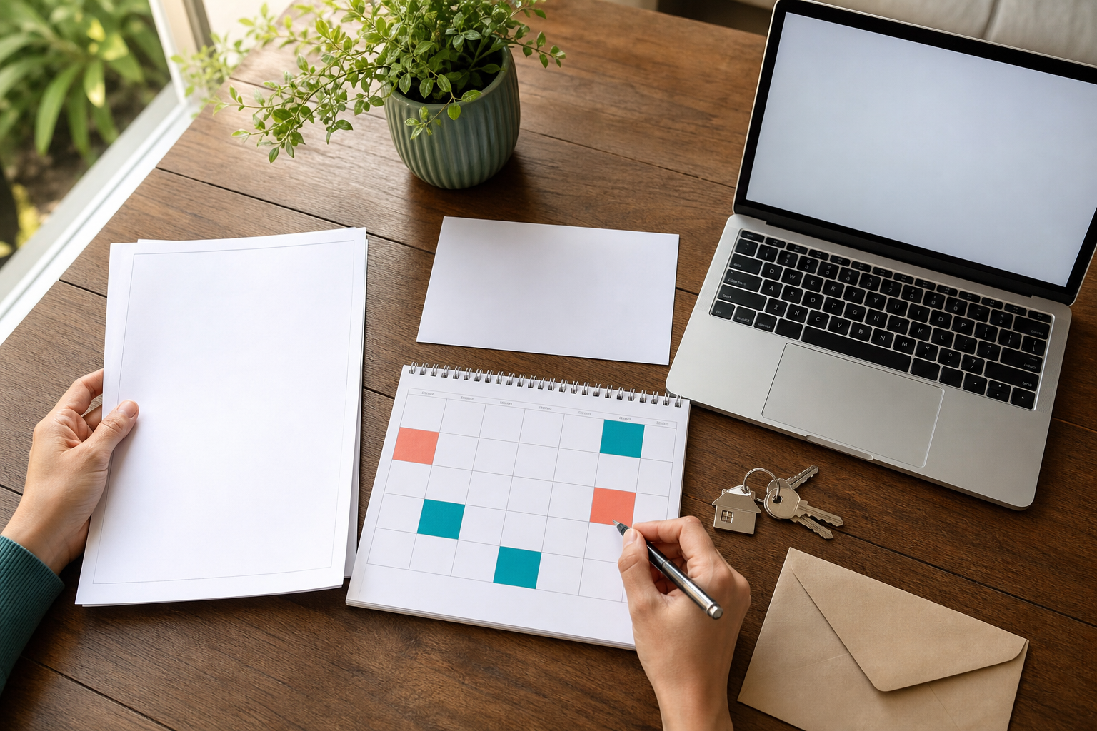 Organised move-out planning workspace with blank papers, calendar, laptop and keys