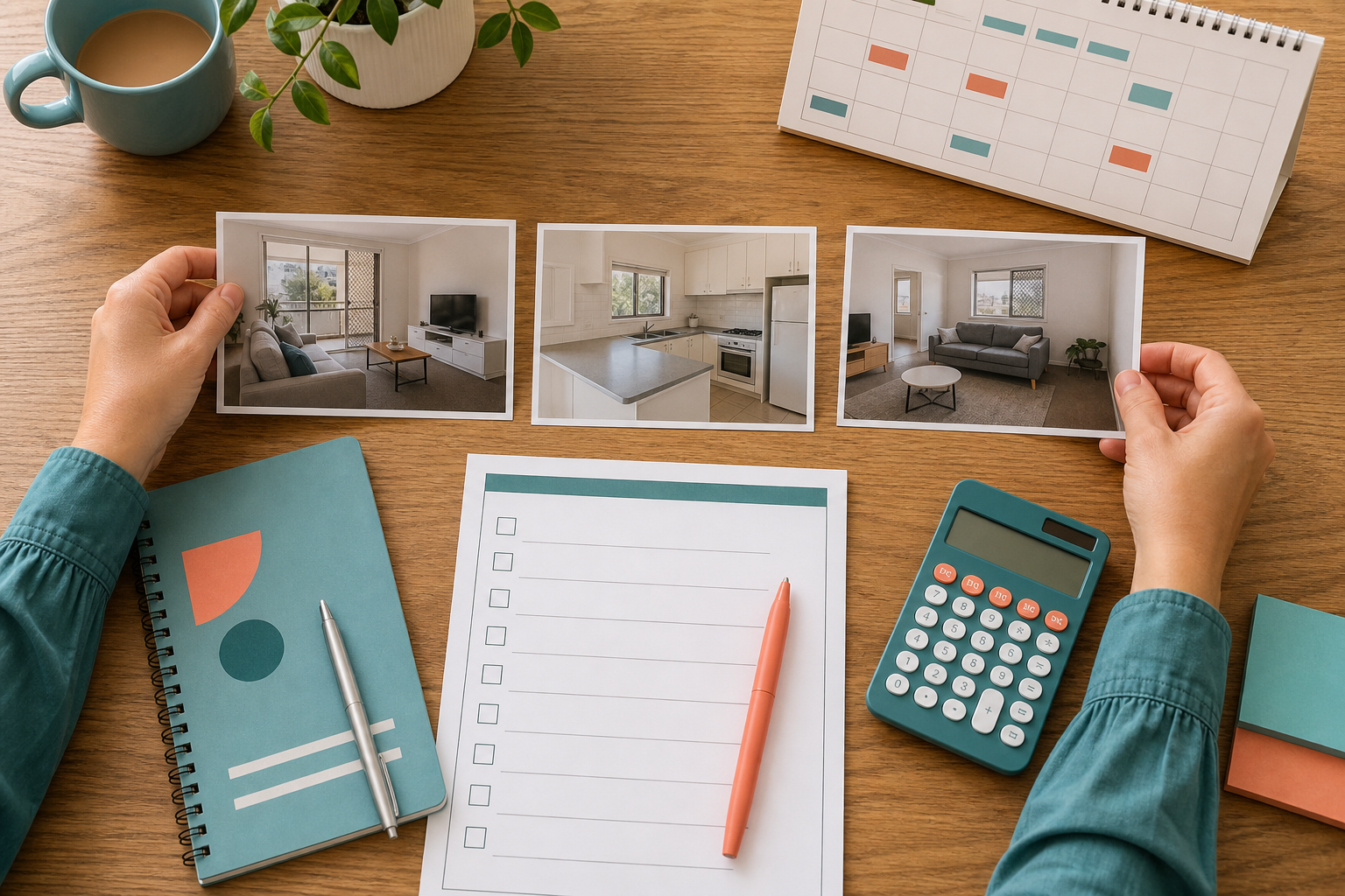 Renter organising photographs of comparable Queensland rental homes with a checklist and calculator