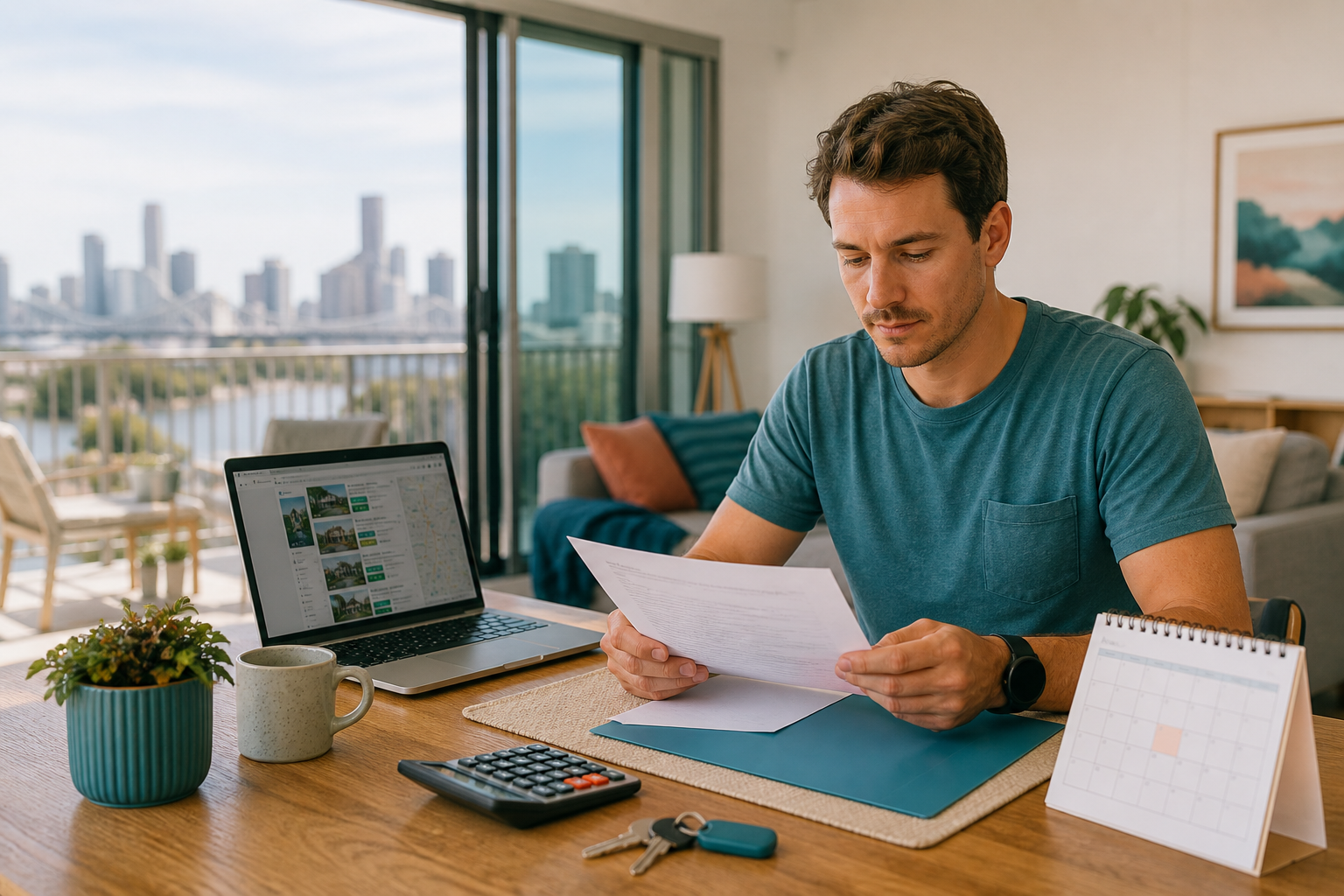 Queensland renter checking a generic rent increase letter with a calendar and calculator