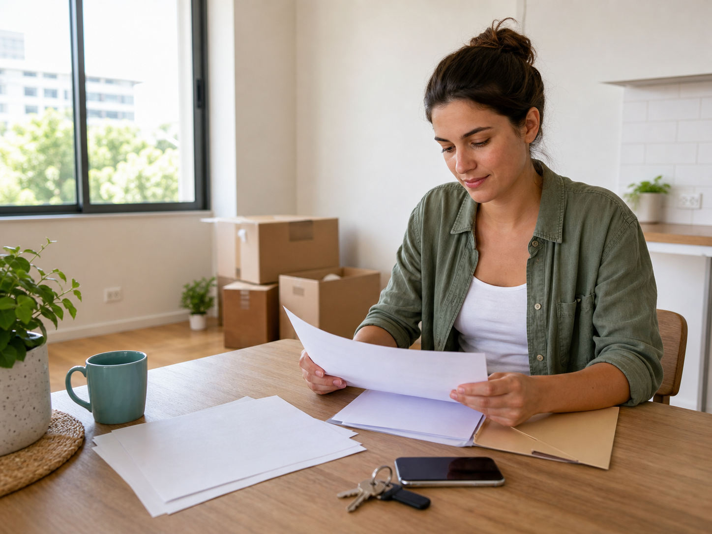 Queensland renter organising blank paperwork, a phone and keys after moving out