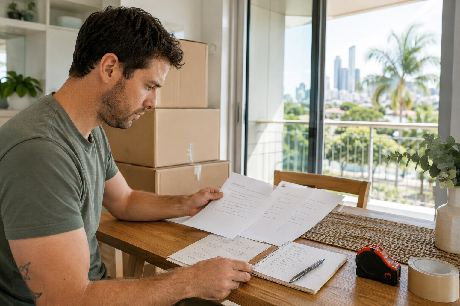 Brisbane renter comparing three removalist quotes beside moving boxes and an inventory