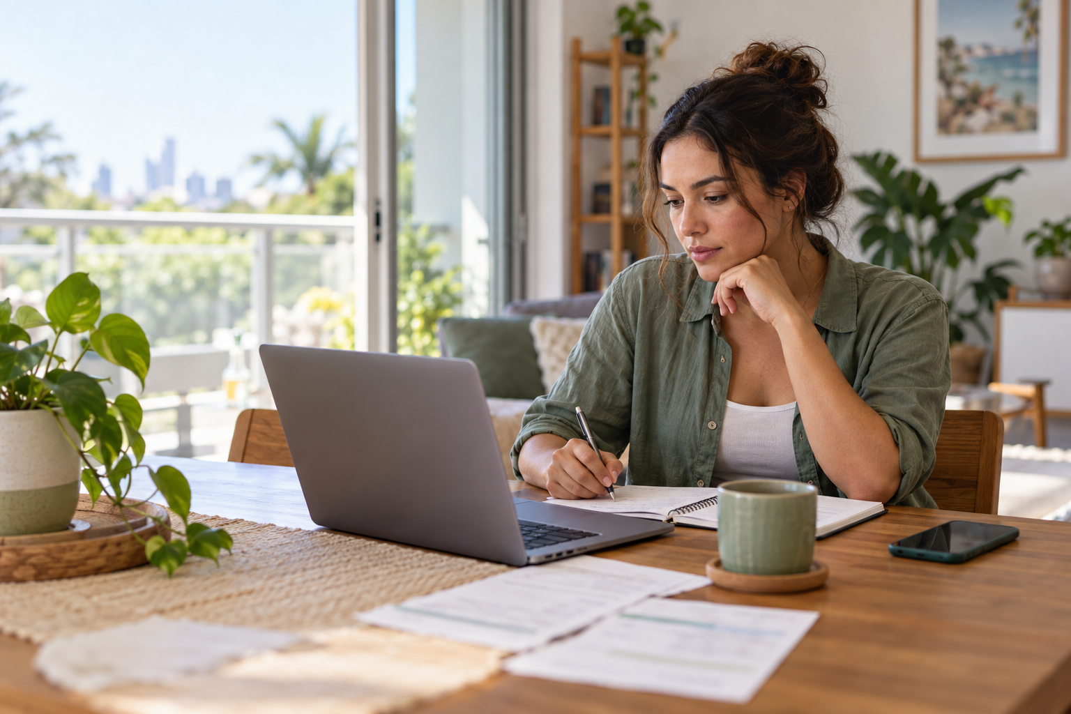 Queensland renter reviewing a rent ledger and household budget at home