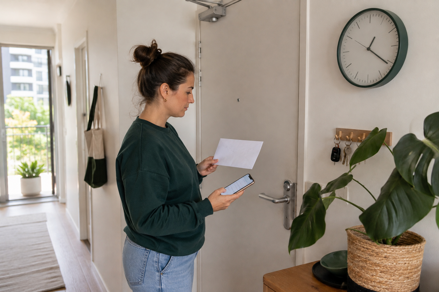 Queensland renter checking a notice and calendar beside the closed front door of an apartment