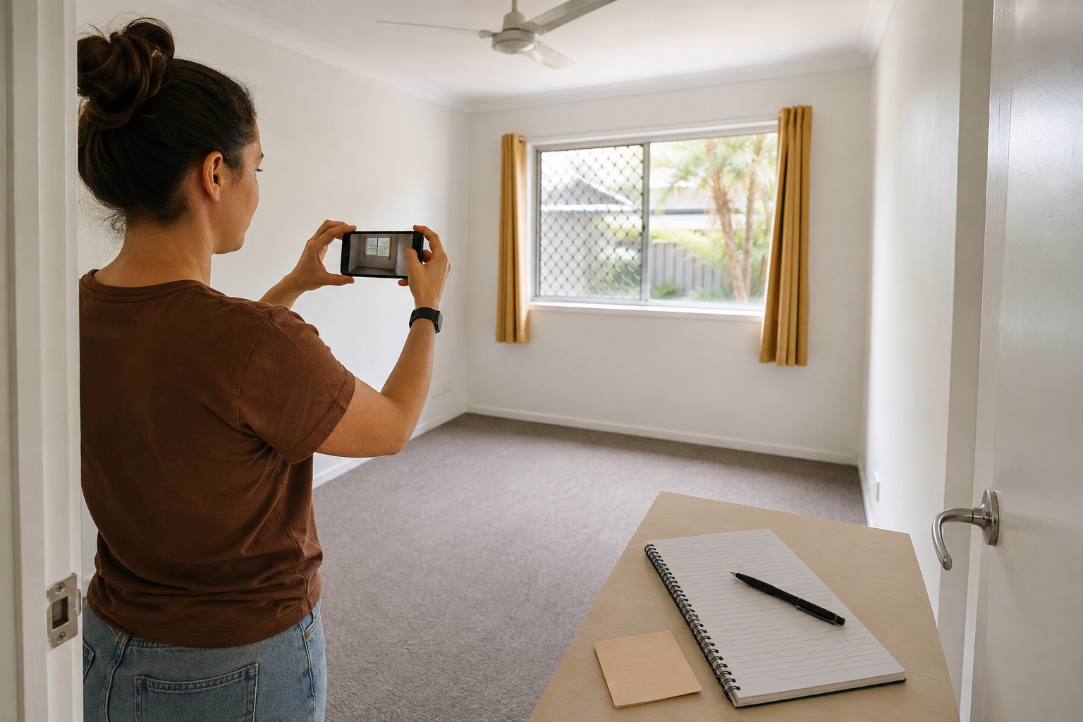 Queensland renter photographing an empty bedroom from the doorway for an exit condition record