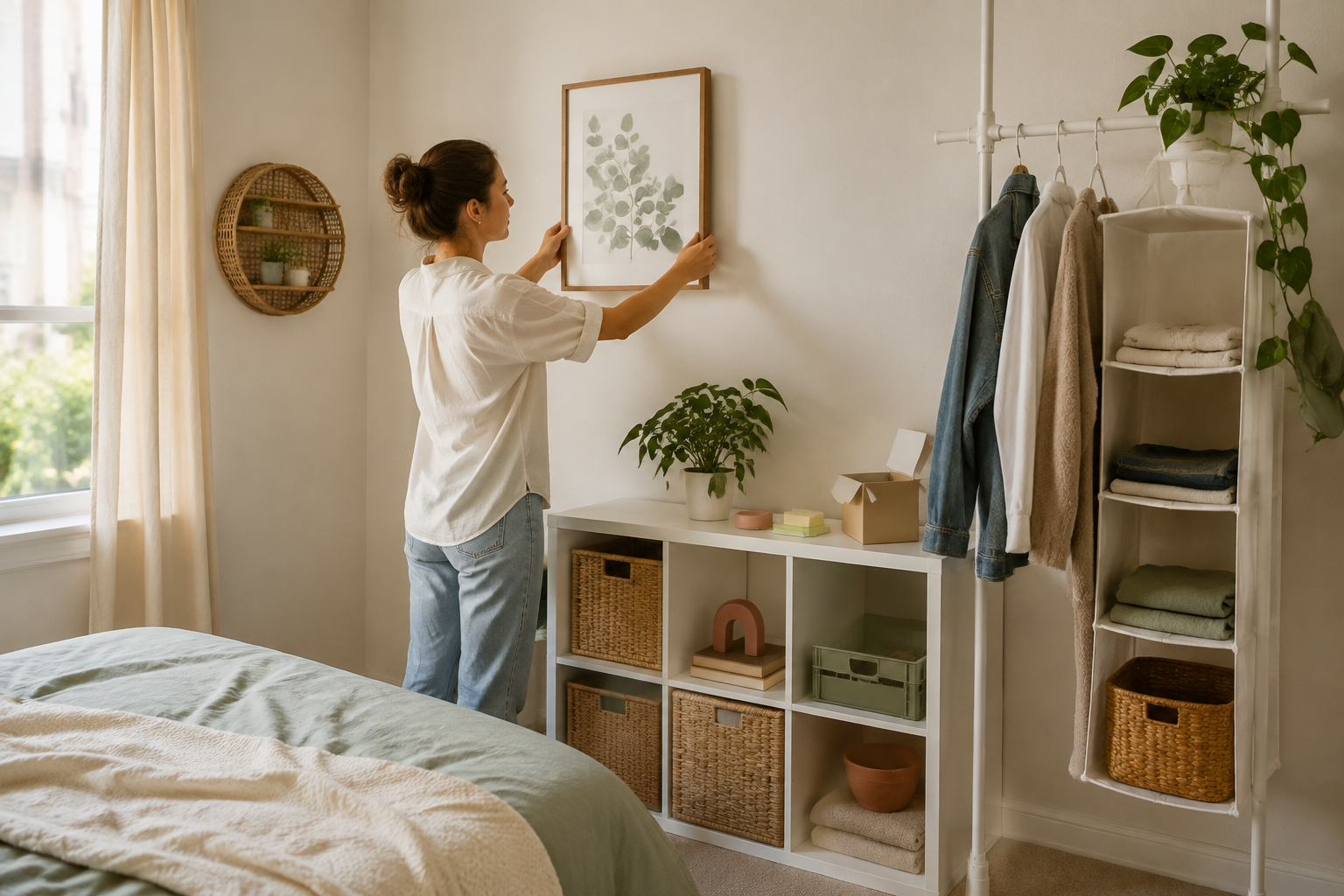 Renter arranging a light frame above freestanding storage in a bright bedroom