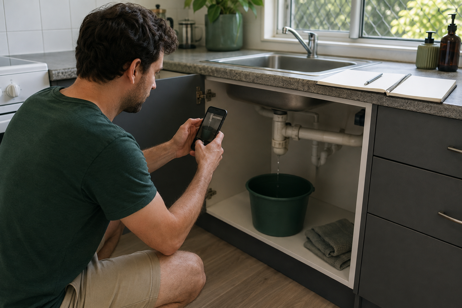 Queensland renter photographing a contained leak beneath a kitchen sink while keeping a written repair record