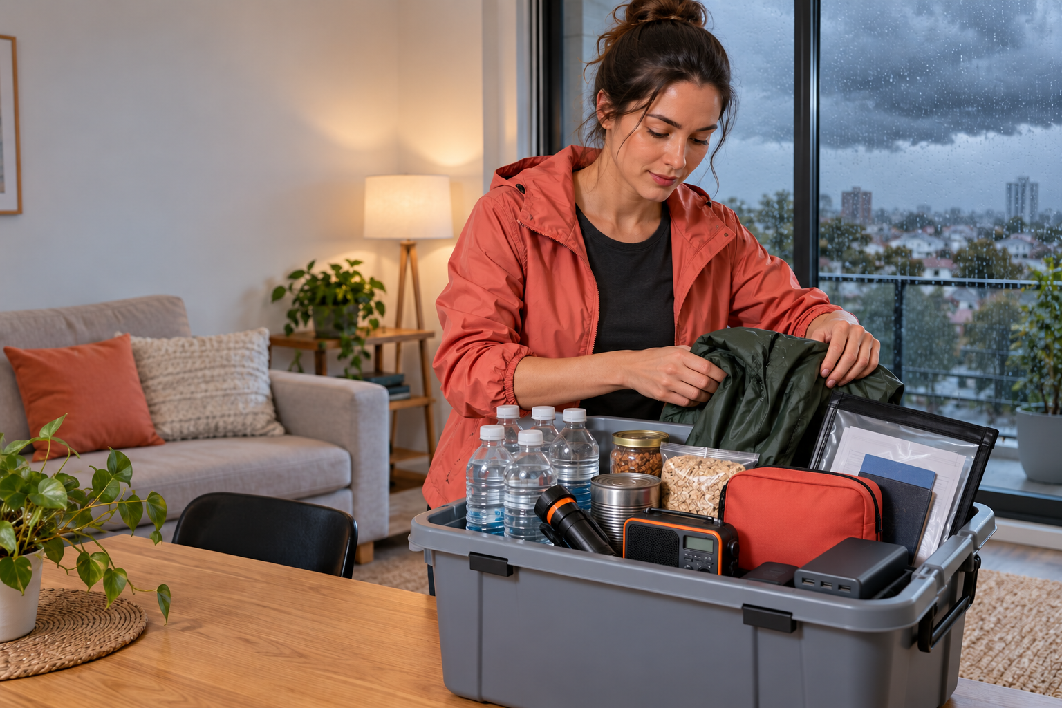 Queensland renter packing water, food, torch, radio and documents into an emergency storage tub